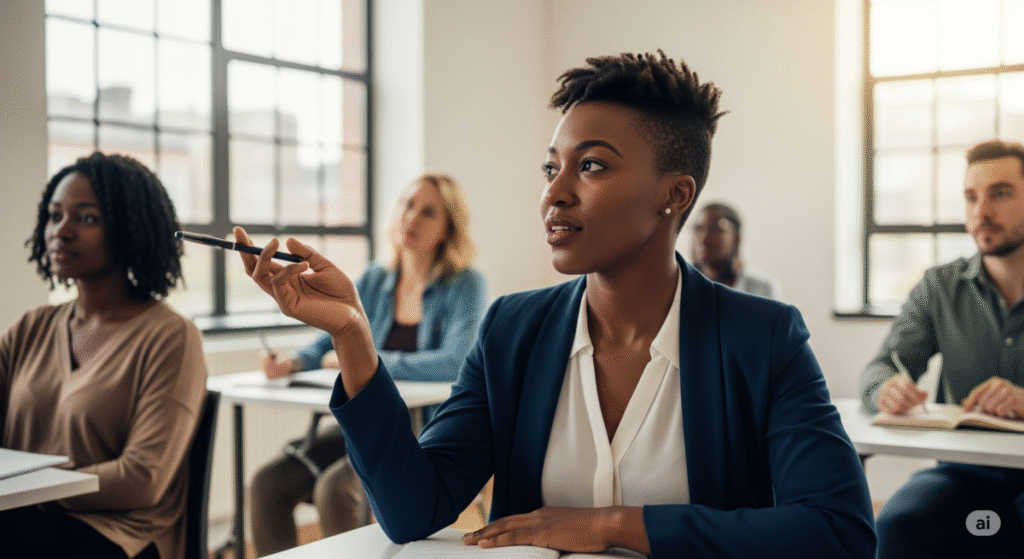 Imagem de uma pessoa numa sala de aula, simbolizando a jornada de crescimento pessoal e desenvolvimento. A imagem representa o conceito de 'Guias Práticos de Desenvolvimento Pessoal.