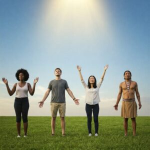 Grupo diverso de pessoas ao ar livre, com braços erguidos olhando para o céu, representando que a graça e o amor de Deus são oferecidos a todos, sem distinção.