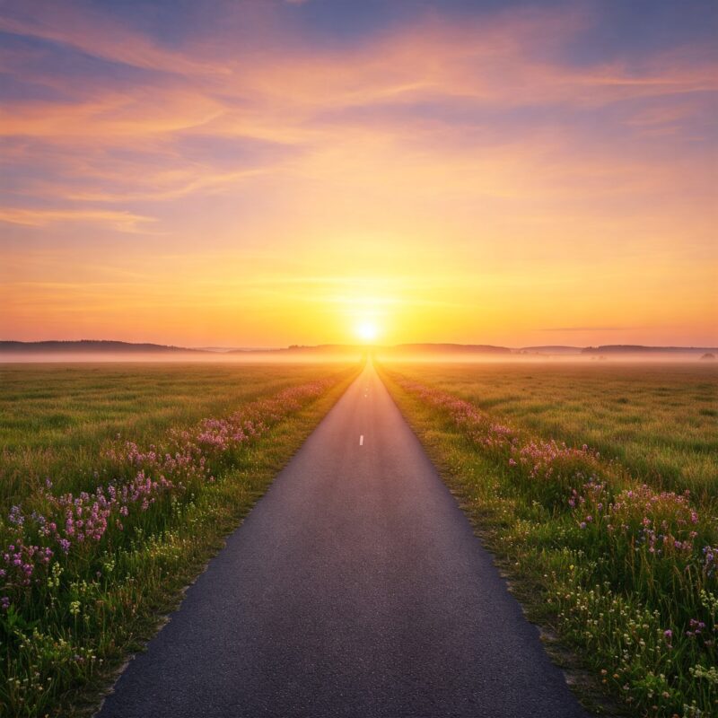 Uma fotografia panorâmica de uma estrada que se estende em direção a um horizonte iluminado pelo sol nascente. A imagem simboliza novos começos, a continuidade da jornada e a esperança. O cenário natural deve ser inspirador e transmitir uma sensação de otimismo e renovação.