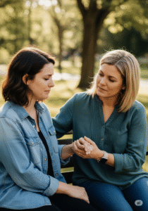 Mulher escutando com empatia a amiga, demonstrando inteligência emocional em momentos difíceis.
