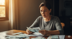 Pessoa preocupada com contas e papéis, representando o estresse causado pelo endividamento.