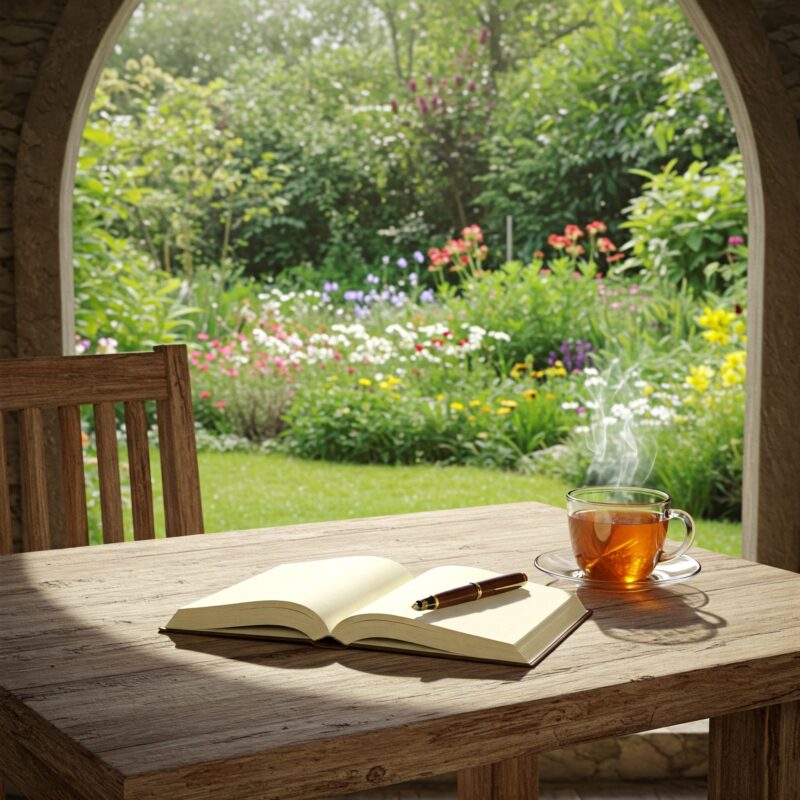 Livro aberto sobre uma mesa, com luz do sol iluminando palavras