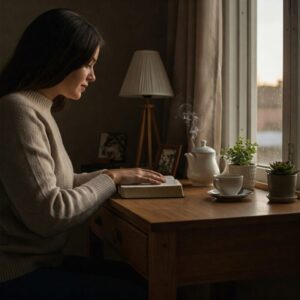 "Pessoa ajoelhada no quarto, mãos postas sobre uma Bíblia, luz suave do entardecer entrando pela janela.”

