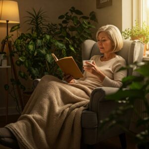 Mulher sentada, lendo livro, tomando um chá. num lugar acolhedor. Investindo em Autocuidado e Bem-Estar