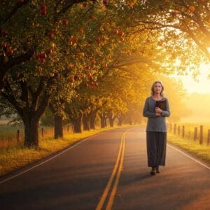  Mulher caminhando por estrada iluminada com árvores frutíferas, representando os frutos do Espírito.