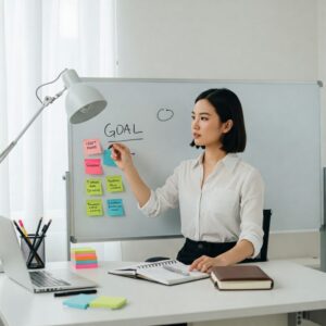 Uma cena em um ambiente de trabalho moderno, com uma mesa organizada repleta de ferramentas de planejamento, como um laptop, uma agenda e post-its coloridos. Uma mão ajusta uma meta escrita em um quadro branco, simbolizando a ação de definir objetivos. A iluminação clara e o fundo minimalista transmitem foco e determinação.