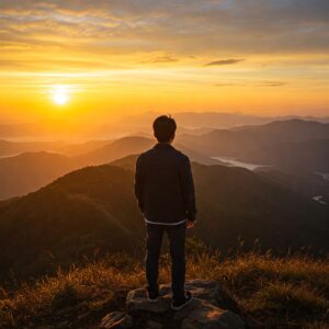 Uma fotografia vibrante de uma pessoa no topo de uma montanha ao nascer do sol. A imagem transmite a sensação de conquista e renovação, com cores quentes e um horizonte inspirador. A pessoa, de costas, observa o vasto cenário, simbolizando a jornada de superação e a vitória pessoal.