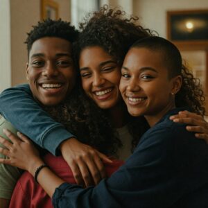 Amigos felizes reunidos, destacando a importância de relacionamentos saudáveis para uma mente positiva.