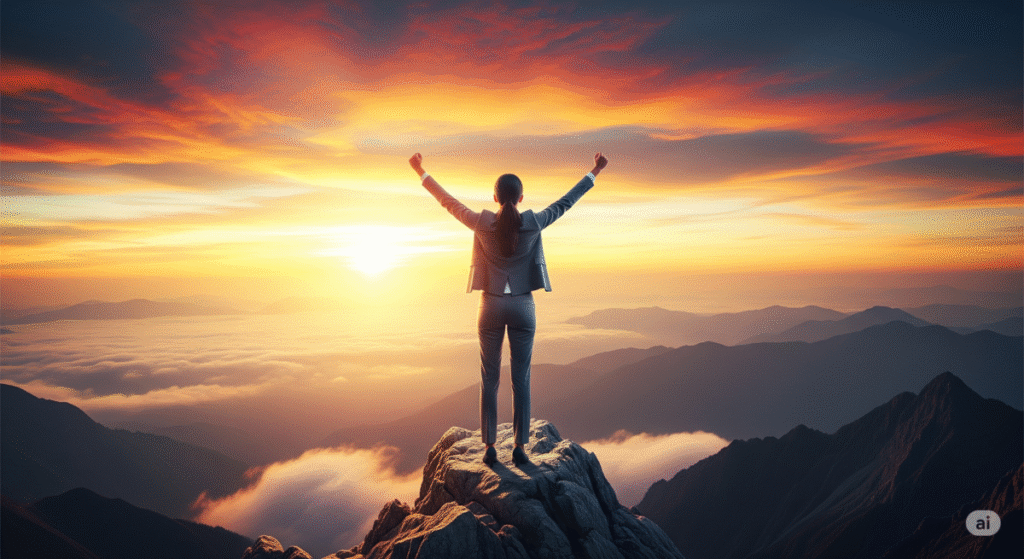 Uma pessoa profissional de braços erguidos no topo de uma montanha, com um belo nascer do sol ao fundo, simbolizando crescimento pessoal, sucesso e empoderamento. Palavras-chave: crescimento pessoal, sucesso, empoderamento, confiança, motivação.