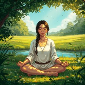 Mulher praticando mindfulness, demonstrando calma e controle emocional.