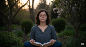 Pessoa em meditação e oração com a Bíblia no colo, praticando conexão espiritual no dia a dia.
