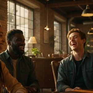 Pessoas felizes conversando e compartilhando bons momentos, representando a importância de amizades positivas.