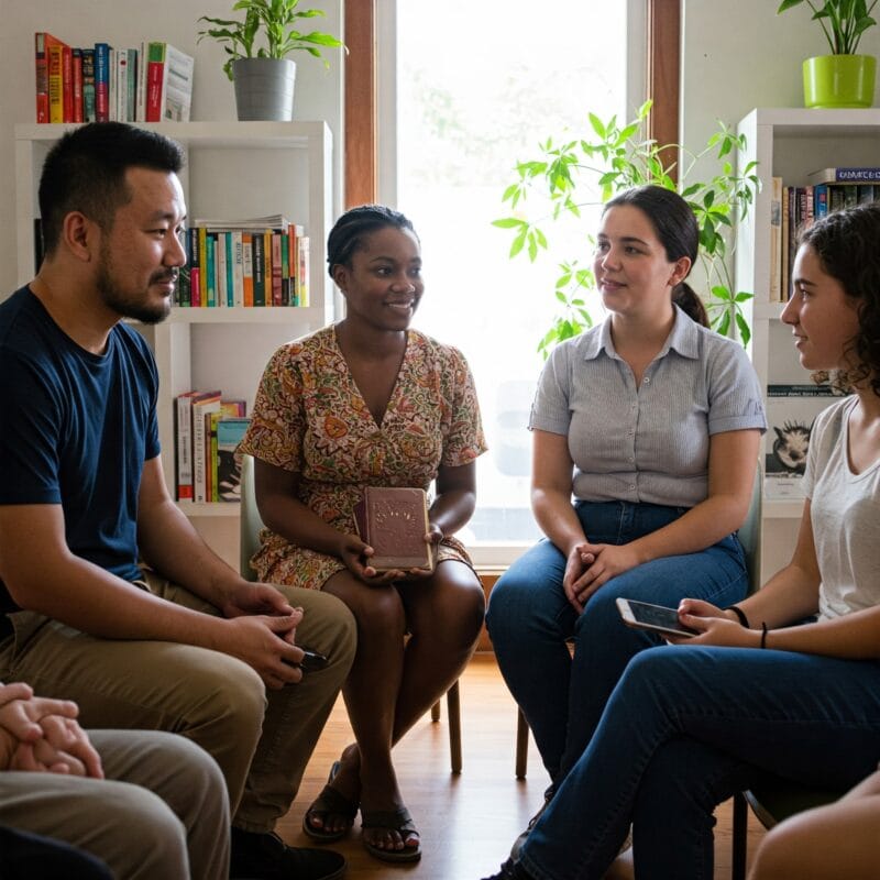 “Grupo de pessoas sentadas em círculo, ouvindo atentamente enquanto alguém fala com serenidade em uma sala iluminada por luz natural.”