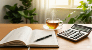 Mesa com caderno, caneta, calculadora e chá, representando reflexão financeira e o processo de sair do endividamento.
