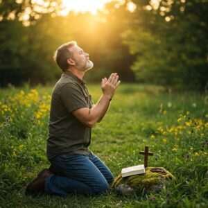 Uma imagem inspiradora de uma pessoa ajoelhada em oração ao ar livre, em meio à natureza, com um sol radiante ao fundo. Elementos como uma Bíblia aberta e uma cruz delicadamente posicionada ao lado reforçam a integração da espiritualidade. A composição natural e a iluminação suave evocam um sentimento de paz, fé e conexão com o divino. 