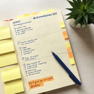Lista de metas organizadas em um planner, incentivando a disciplina e motivação diária. 