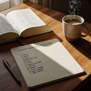 Caderno com lista de ações práticas para cultivar os frutos do Espírito, ao lado de Bíblia e café.