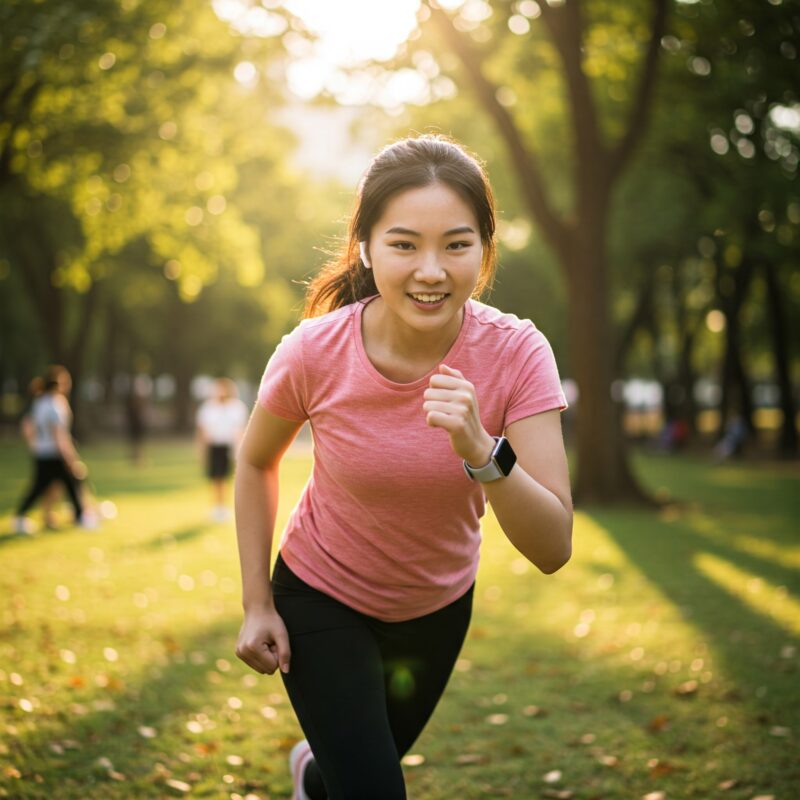 Uma fotografia vibrante de uma pessoa em movimento, realizando uma atividade física ao ar livre em um parque. A imagem capta um momento de esforço e superação, com o fundo mostrando pessoas interagindo e a natureza ao redor. Pequenos detalhes, como um smartwatch marcando o progresso e um sorriso de determinação, destacam o espírito de ajuste e perseverança.