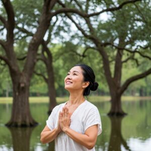  Uma pessoa sorridente, em um ambiente externo sereno, com o rosto voltado para o céu. A imagem capta um momento de meditação e gratidão, com elementos naturais – como árvores e um lago calmo – que simbolizam a paz e a positividade alcançadas através da fé e da autoconfiança. 