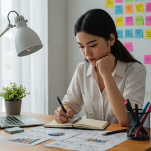 Uma cena em um escritório caseiro, com uma pessoa concentrada escrevendo em um diário de planejamento. No ambiente, há post-its coloridos espalhados em uma parede e uma mesa organizada com um laptop, canetas e gráficos desenhados à mão. A imagem transmite a ideia de foco, organização e a importância de definir metas claras antes de iniciar a transformação. 