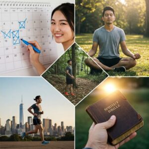 Descrição da Imagem: Uma montagem criativa composta por diferentes cenas que representam os benefícios do desafio. Em um dos quadrantes, uma pessoa sorridente marca uma meta concluída em um calendário; em outro, alguém medita sereno; há também imagens de uma pessoa correndo com determinação e de uma mão segurando uma Bíblia aberta. Essa colagem visual simboliza disciplina, autoconhecimento, resiliência e integração espiritual, unificando os principais ganhos do processo.