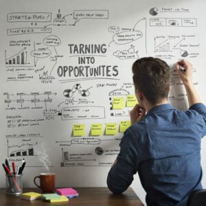  Uma imagem realista de uma pessoa planejando em um quadro branco ou mural, com diagramas, metas e passos delineados. Elementos como canetas, notas adesivas e uma xícara de chá ajudam a transmitir a ideia de planejamento estratégico e ação organizada para transformar desafios em oportunidades. 