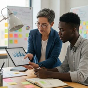 Mentor mostra gráfico em tablet para jovem, que anota insights em caderno, em escritório bem iluminado.”