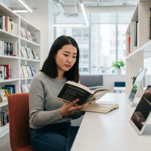 Uma fotografia de uma pessoa em uma biblioteca ou coworking, imersa na leitura de um livro ou assistindo a um curso online em um tablet. Ao redor, prateleiras com livros e elementos tecnológicos reforçam o ambiente de aprendizado. O rosto da pessoa demonstra interesse e curiosidade, enfatizando o compromisso com o crescimento pessoal.