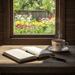 Uma mesa rústica de madeira em um ambiente tranquilo, adornada com um diário aberto, uma caneta elegante e uma xícara de chá fumegante. Ao fundo, uma janela revela um jardim florido, simbolizando a calma necessária para a introspecção e o fortalecimento da fé. 
