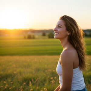 Mulher sorrindo ao ar livre, simbolizando o poder da mentalidade positiva para o bem-estar e sucesso.