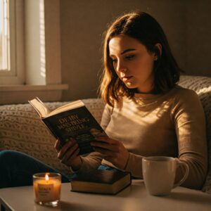 Descrição: Um ambiente acolhedor e iluminado, onde uma pessoa está imersa na leitura de um livro inspirador, com uma Bíblia ao lado. Detalhes como uma vela acesa e uma xícara de café completam a cena, enfatizando o compromisso com o crescimento pessoal e espiritual. 