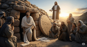 cena bíblica com Jesus em frente ao túmulo de Lázaro, multidão surpresa ao redor, emoção nos rostos de Marta e Maria