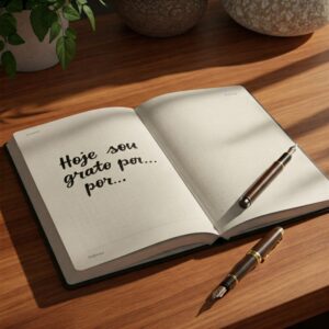 Caderno de gratidão com anotações, promovendo um estilo de vida positivo e motivador.