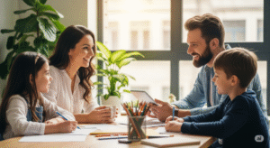 "Família unida sentada à mesa em um ambiente acolhedor, representando harmonia e superação de dificuldades financeiras.