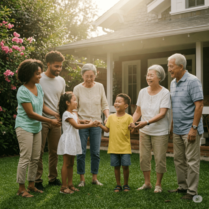 Família unida em um momento de conexão, com pais, filhos e avós sorrindo e se abraçando, transmitindo amor, respeito e união.