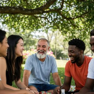  Amigos reunidos, compartilhando momentos felizes e incentivando o bem-estar emocional. 