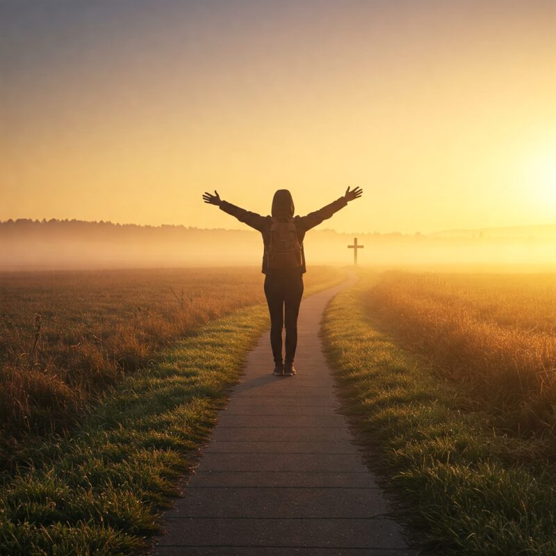 Uma paisagem inspiradora ao amanhecer, com raios de sol dourados iluminando uma trilha sinuosa que se estende até um horizonte sereno. No centro da imagem, uma pessoa de costas, de braços abertos em sinal de rendição e confiança, simbolizando a fusão entre motivação e fé. Elementos sutis, como uma cruz estilizada ao longe, reforçam a conexão espiritual.