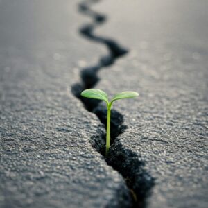 Uma imagem simbólica de uma pequena planta brotando através de uma rachadura no concreto. A fotografia, capturada de forma realista, destaca os detalhes da planta e da textura do concreto, reforçando a mensagem de que mesmo nas condições mais adversas, a vida encontra um caminho para florescer. 