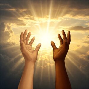 Pessoa em oração com expressão de gratidão, demonstrando como a fé fortalece a mentalidade positiva.