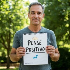 Mão segurando um papel com mensagem motivacional, reforçando a importância do pensamento positivo no dia a dia.