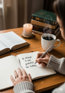 Mãos femininas escrevendo em caderno de gratidão como prática diária de inteligência emocional.
