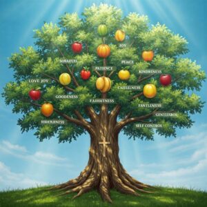 Árvore com galhos nomeados com os frutos do Espírito sob luz celestial.