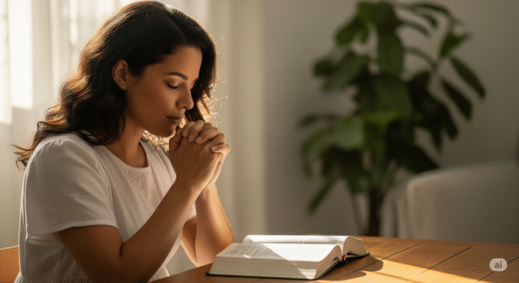 Mulher cristã em oração com a Bíblia aberta, representando o início da jornada de autodesenvolvimento espiritual.