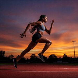Uma fotografia dinâmica de um atleta em plena corrida, capturada em um ângulo que destaca a força e o movimento. O fundo mostra uma pista de corrida sob luzes dramáticas do entardecer, simbolizando a superação de barreiras e a persistência diante das adversidades. 