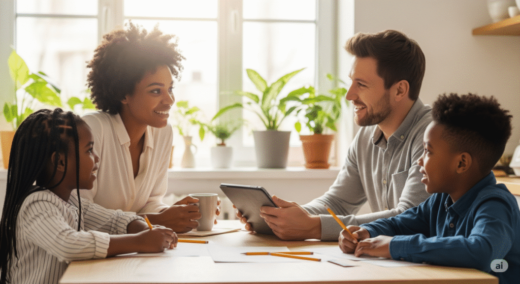 Família unida sentada à mesa em um ambiente acolhedor, representando harmonia e superação de dificuldades financeiras