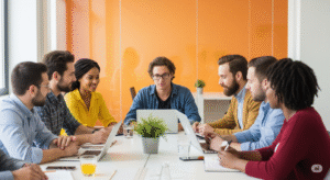 Grupo de pessoas diversas em uma reunião de trabalho, discutindo ideias com entusiasmo e colaboração. Palavras-chave: equipe, colaboração, inovação, crescimento coletivo, sucesso compartilhado.