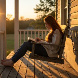 Mulher, sentada em varanda escrevendo e Praticando a Autorreflexão Diária
