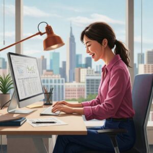 Pessoa produtiva e motivada no trabalho, destacando os benefícios da mentalidade positiva na rotina profissional.