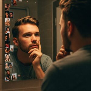  "Jovem refletindo diante de um espelho com imagens de redes sociais desfocadas ao fundo, ilustrando os impactos das comparações na autoimagem." 