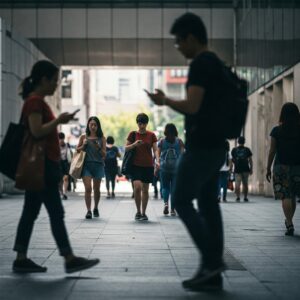  "Ambiente urbano com pessoas usando dispositivos móveis, representando a influência das redes sociais na autoimagem." 